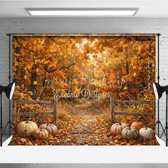 Lofaris Autumn Forest Photography Backdrop with Golden Fall Leaves Rustic Fence and Pumpkins for Seasonal Photoshoot