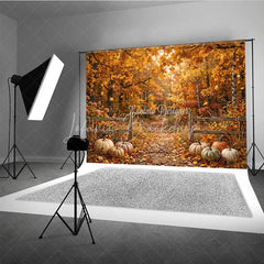 Lofaris Autumn Forest Photography Backdrop with Golden Fall Leaves Rustic Fence and Pumpkins for Seasonal Photoshoot