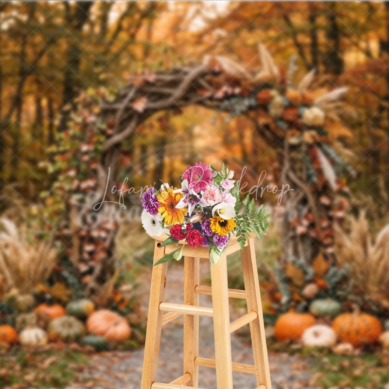 Lofaris Autumn Forest Photography Backdrop with Rustic Wooden Arch Fall Leaves Pumpkins and Pampas Grass Decor