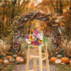 Lofaris Autumn Forest Photography Backdrop with Rustic Wooden Arch Fall Leaves Pumpkins and Pampas Grass Decor