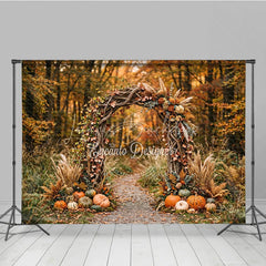 Lofaris Autumn Forest Photography Backdrop with Rustic Wooden Arch Fall Leaves Pumpkins and Pampas Grass Decor