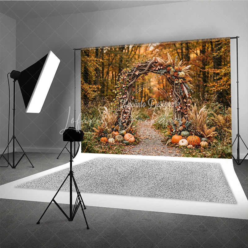Lofaris Autumn Forest Photography Backdrop with Rustic Wooden Arch Fall Leaves Pumpkins and Pampas Grass Decor