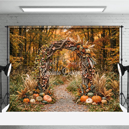 Lofaris Autumn Forest Photography Backdrop with Rustic Wooden Arch Fall Leaves Pumpkins and Pampas Grass Decor