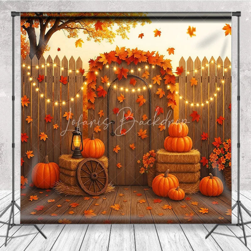Lofaris Autumn Harvest Backdrop Rustic Wooden Fence Pumpkin Hay Background Thanksgiving Maple Leaves Party Decoration