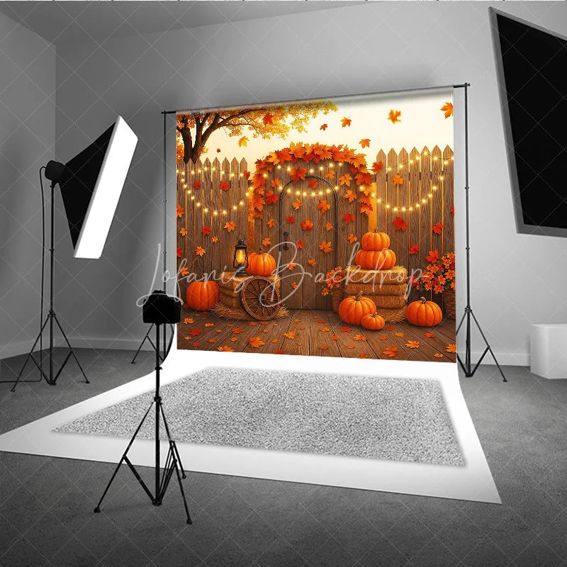 Lofaris Autumn Harvest Backdrop Rustic Wooden Fence Pumpkin Hay Background Thanksgiving Maple Leaves Party Decoration