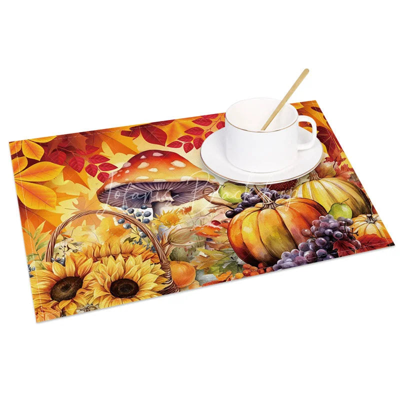 Lofaris Autumn Harvest Set of 4 Placemats with Mushroom Sunflower and Pumpkin for Fall Thanksgiving