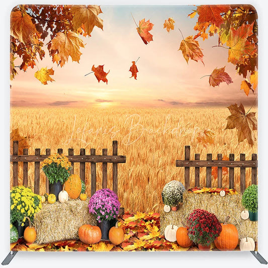 Lofaris Autumn Harvest Wheat Field Square Double-Sided Backdrop Rustic Pumpkins and Mums Decor