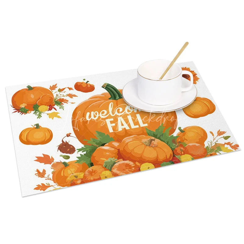 Lofaris Autumn Orange Pumpkin and Greenery Set of 4 Placemats for Fall Harvest Thanksgiving Table Decor