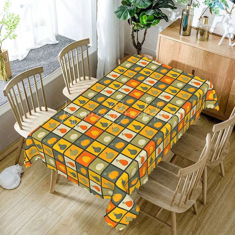 Lofaris Autumn Pumpkin Checkered Rectangle Tablecloth Fall Harvest Orange Yellow Plaid Thanksgiving Holiday Kitchen Decor