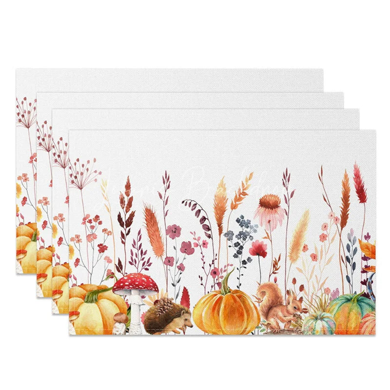 Lofaris Autumn Pumpkin Mushroom and Hedgehog Set of 4 Placemats for Fall Thanksgiving Woodland Decor