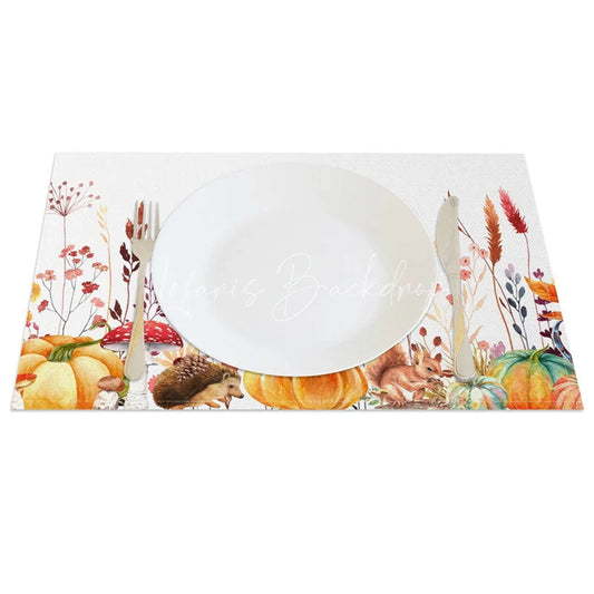 Lofaris Autumn Pumpkin Mushroom and Hedgehog Set of 4 Placemats for Fall Thanksgiving Woodland Decor