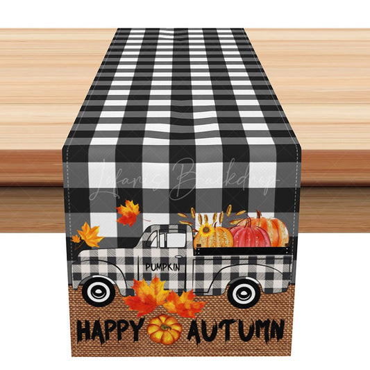 Lofaris Autumn Pumpkin Truck Table Runner Black Plaid with Vintage Farm Rustic Harvest Thanksgiving Decor