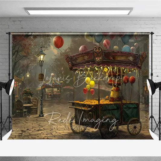 Lofaris Autumn Street Popcorn Cart Scenery Photography Backdrop Vintage Carnival Night City Background