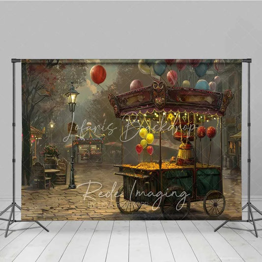 Lofaris Autumn Street Popcorn Cart Scenery Photography Backdrop Vintage Carnival Night City Background