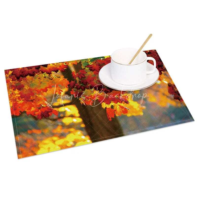 Lofaris Autumn Tree and Red Maple Leaf Pattern Set of 4 Placemats for Fall Harvest Thanksgiving Decor