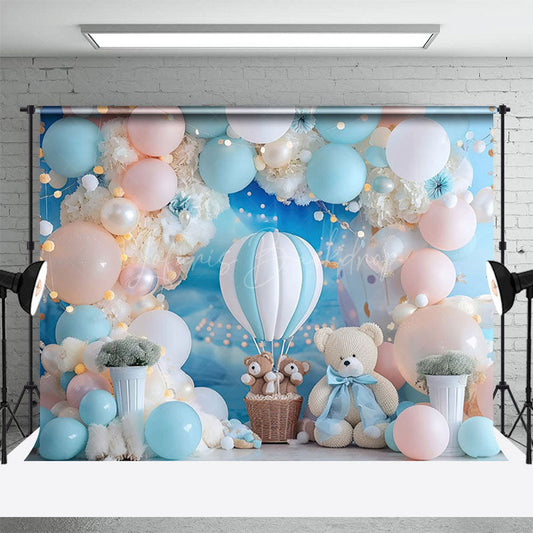 Lofaris Baby Blue Teddy Bear Hotair Balloon Photo Backdrop