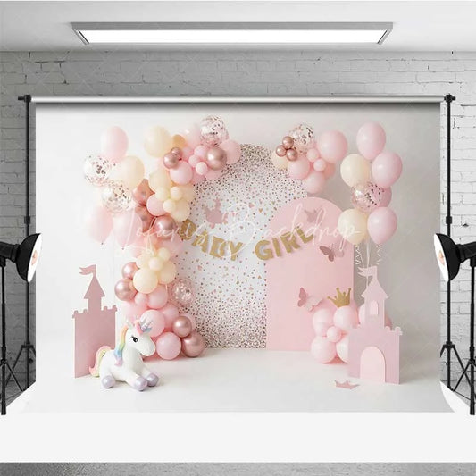 Lofaris Baby Girl Unicorn Cake Smash Backdrop Pink Castle and Balloons Party Background for Girls