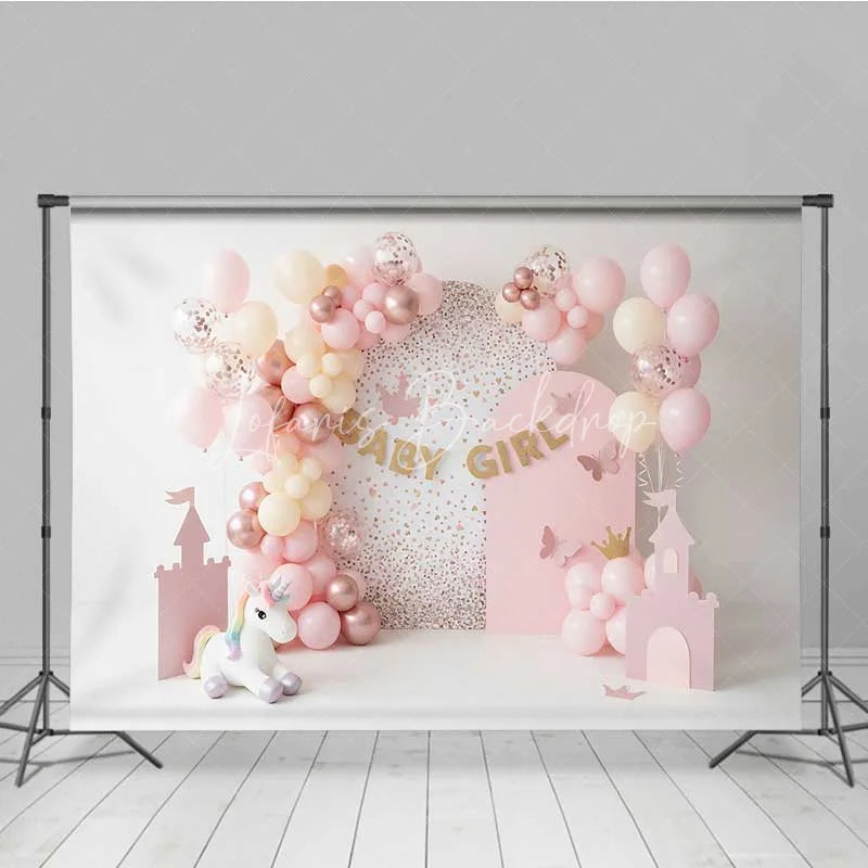 Lofaris Baby Girl Unicorn Cake Smash Backdrop Pink Castle and Balloons Party Background for Girls