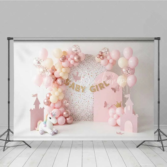 Lofaris Baby Girl Unicorn Cake Smash Backdrop Pink Castle and Balloons Party Background for Girls