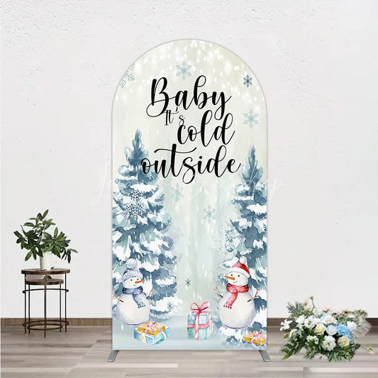 Lofaris Baby Its Cold Outside Arch Backdrop Winter Snowman Watercolor Pine Tree