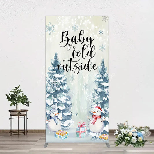 Lofaris Baby Its Cold Outside Rectangle Backdrop Winter Snowman Watercolor Pine Tree