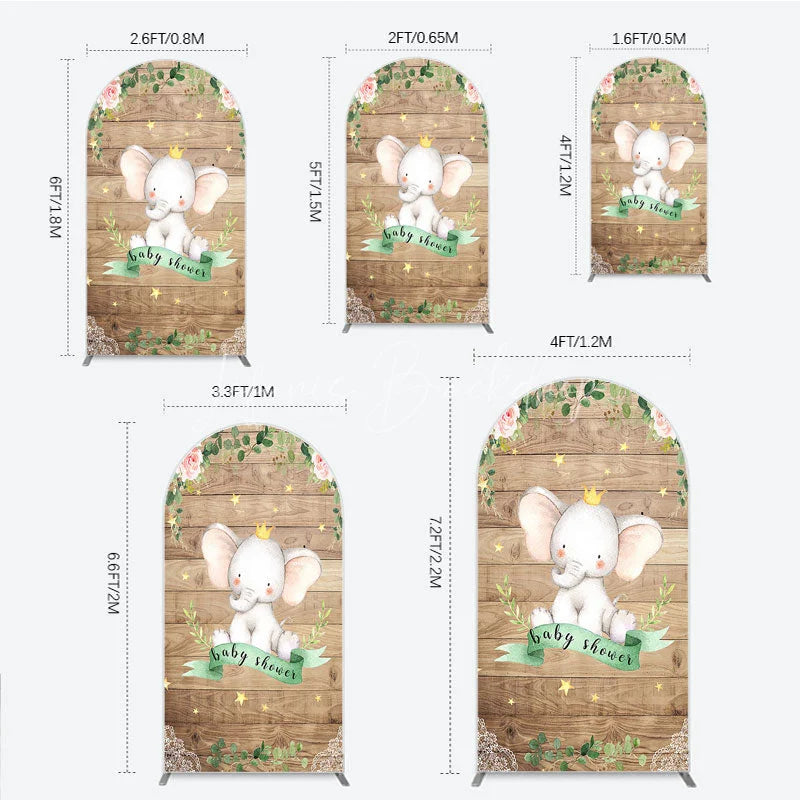 Lofaris Baby Shower Arch Backdrop with Crown Elephant Rustic Wood Plank and Pink Floral Roses Girl