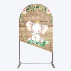 Lofaris Baby Shower Arch Backdrop with Crown Elephant Rustic Wood Plank and Pink Floral Roses Girl