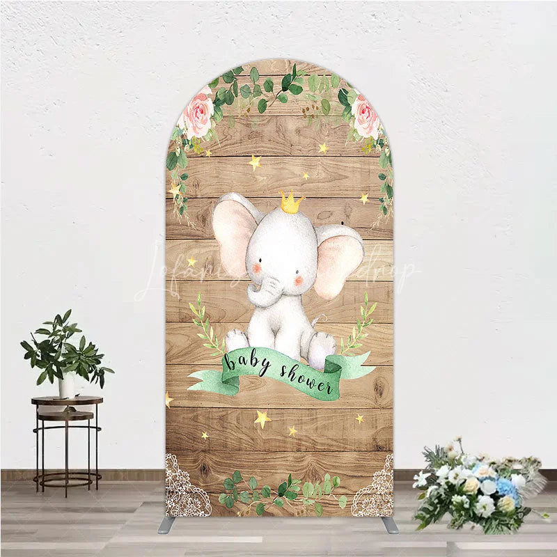 Lofaris Baby Shower Arch Backdrop with Crown Elephant Rustic Wood Plank and Pink Floral Roses Girl