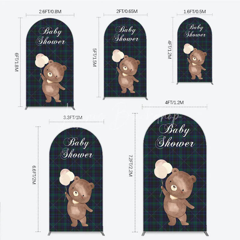 Lofaris Baby Shower Bear with Balloons Arch Backdrop Green and Blue Tartan Plaid Party Cover