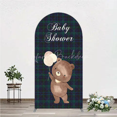 Lofaris Baby Shower Bear with Balloons Arch Backdrop Green and Blue Tartan Plaid Party Cover