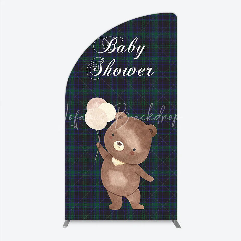 Lofaris Baby Shower Bear with Balloons Half Moon Arch Backdrop Green and Blue Tartan Plaid Party Cover
