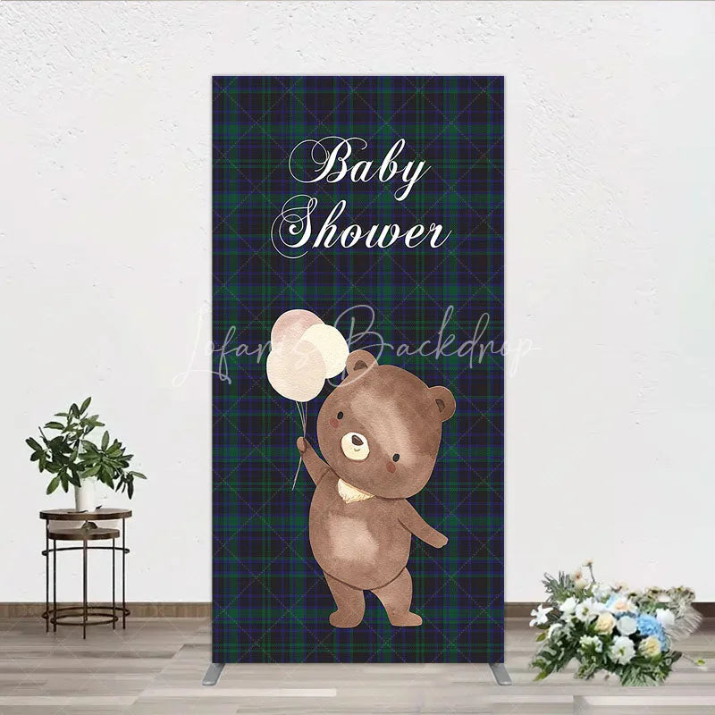 Lofaris Baby Shower Bear with Balloons Rectangle Backdrop Green and Blue Tartan Plaid Party Cover