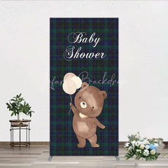 Lofaris Baby Shower Bear with Balloons Rectangle Backdrop Green and Blue Tartan Plaid Party Cover