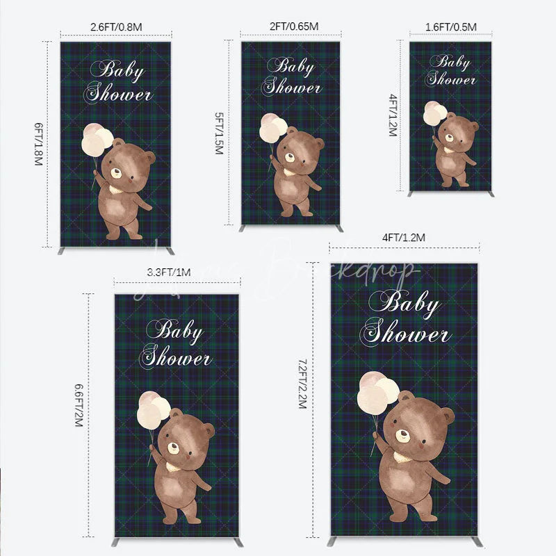 Lofaris Baby Shower Bear with Balloons Rectangle Backdrop Green and Blue Tartan Plaid Party Cover