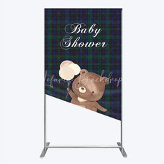Lofaris Baby Shower Bear with Balloons Rectangle Backdrop Green and Blue Tartan Plaid Party Cover