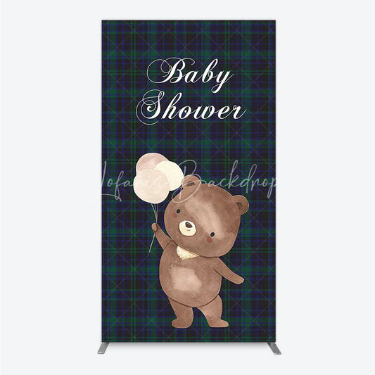 Lofaris Baby Shower Bear with Balloons Rectangle Backdrop Green and Blue Tartan Plaid Party Cover
