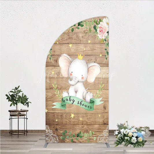 Lofaris Baby Shower Half Moon Arch Backdrop with Crown Elephant Rustic Wood Plank and Pink Floral Roses Girl