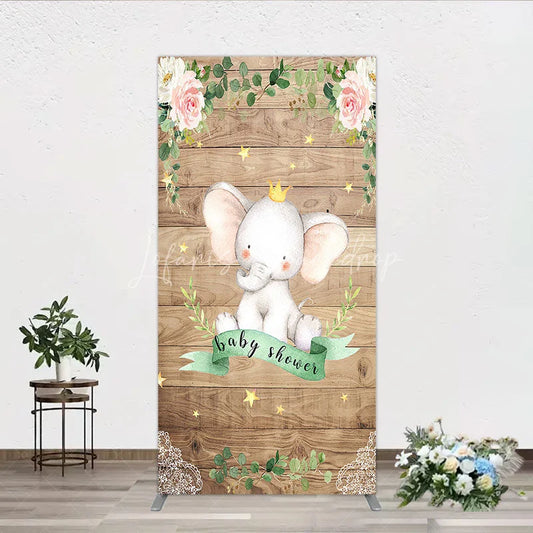 Lofaris Baby Shower Rectangle Backdrop with Crown Elephant Rustic Wood Plank and Pink Floral Roses Girl