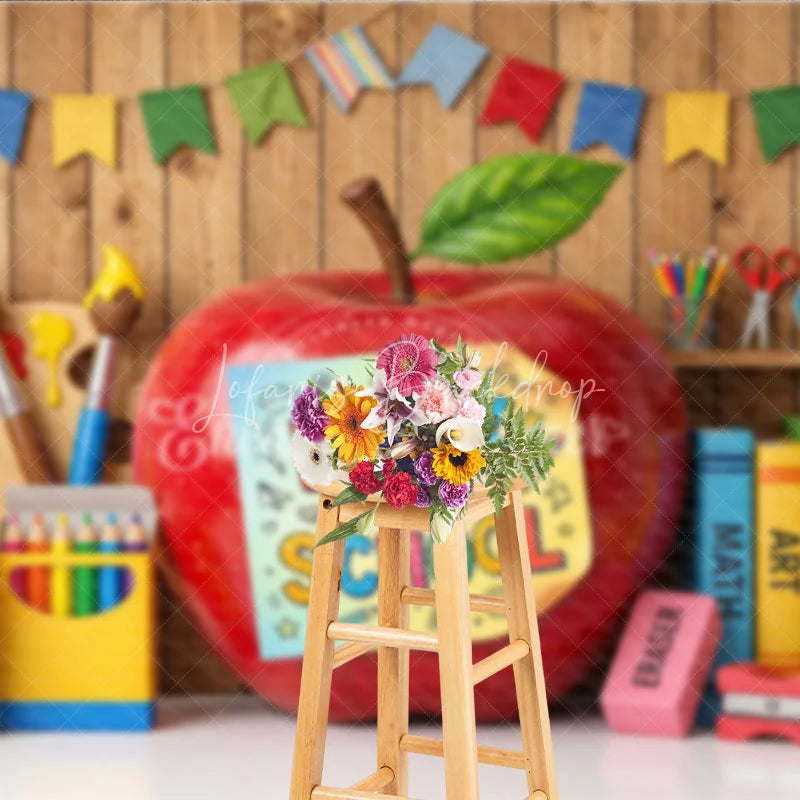 Lofaris Back to School Apple Photography Backdrop with Colorful Art and Learning Supplies Wooden Wall Background