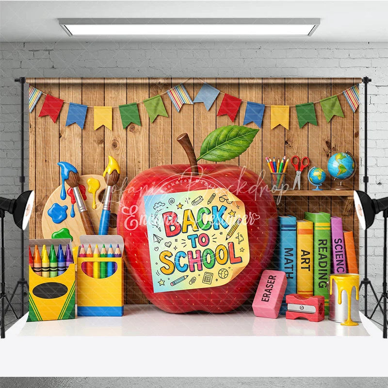 Lofaris Back to School Apple Photography Backdrop with Colorful Art and Learning Supplies Wooden Wall Background