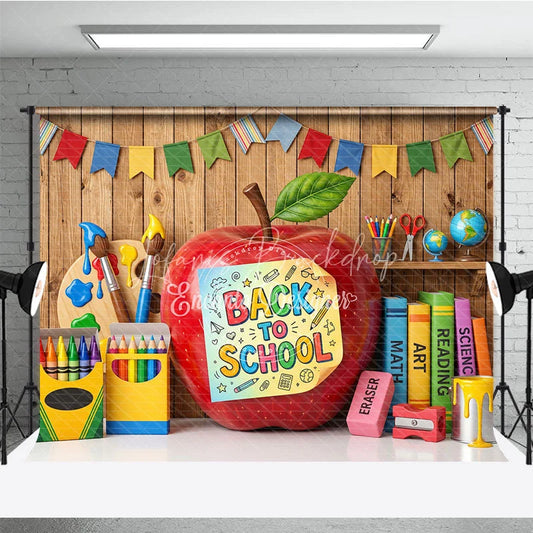 Lofaris Back to School Apple Photography Backdrop with Colorful Art and Learning Supplies Wooden Wall Background