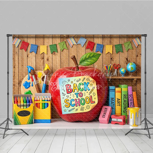 Lofaris Back to School Apple Photography Backdrop with Colorful Art and Learning Supplies Wooden Wall Background