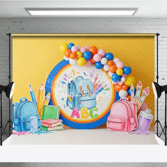 Lofaris Back To School Backdrop Blue Backpack ABC Letters Pencils Paint Balloons Background Kindergarten Photography Prop