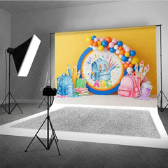 Lofaris Back To School Backdrop Blue Backpack ABC Letters Pencils Paint Balloons Background Kindergarten Photography Prop