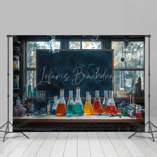 Lofaris Back to School Backdrop Science Chemistry Lab Photography Background Colorful Beaker Blackboard Student Party Decoration
