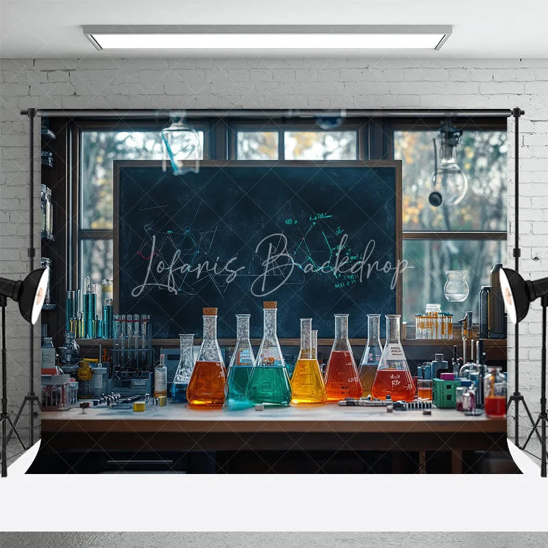 Lofaris Back to School Backdrop Science Chemistry Lab Photography Background Colorful Beaker Blackboard Student Party Decoration