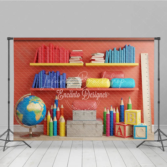 Lofaris Back to School Combo Set Backdrop Bookshelf and Educational ABC Blocks Party Background