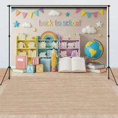 Lofaris Back to School Combo Set Backdrop Classroom Bookshelf Rainbow Photography Background Globe Study Photo Prop