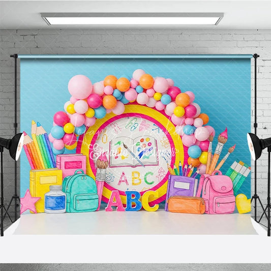 Lofaris Back to School Photography Backdrop ABC Backpack Pastel Balloon Background Kindergarten Study Photo Prop