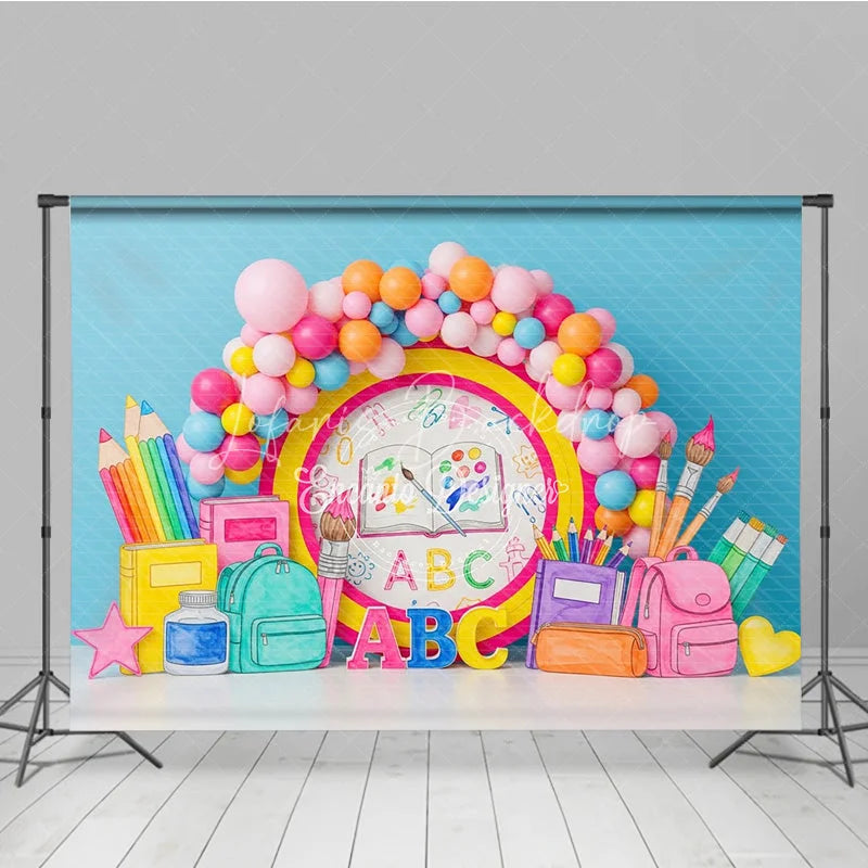 Lofaris Back to School Photography Backdrop ABC Backpack Pastel Balloon Background Kindergarten Study Photo Prop